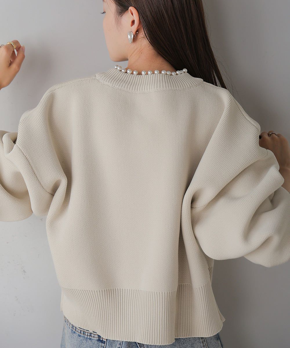 日本 Bab - 低糖珍珠領長袖針織上衣-米