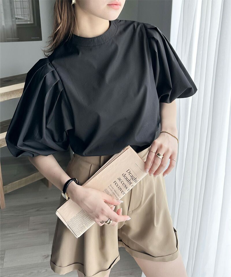 日本 Classical Elf - 氣質皺摺泡泡短袖襯衫-淺米杏