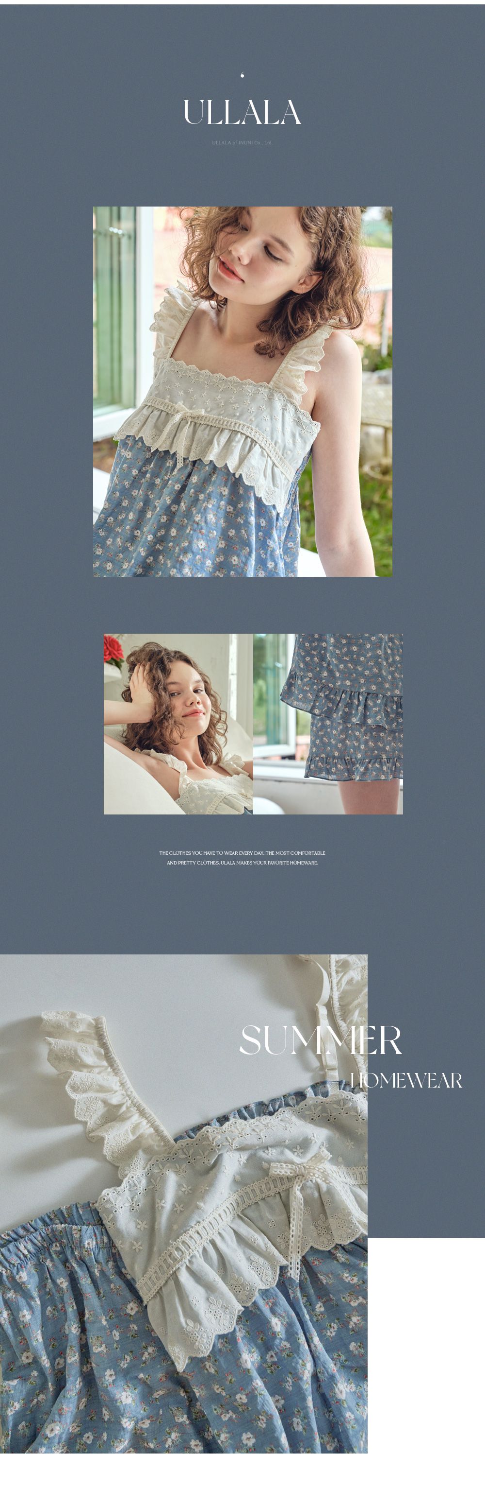 韓國 ULLALA - 蕾絲花邊無袖睡衣(兩件式)-藍 (FREE)