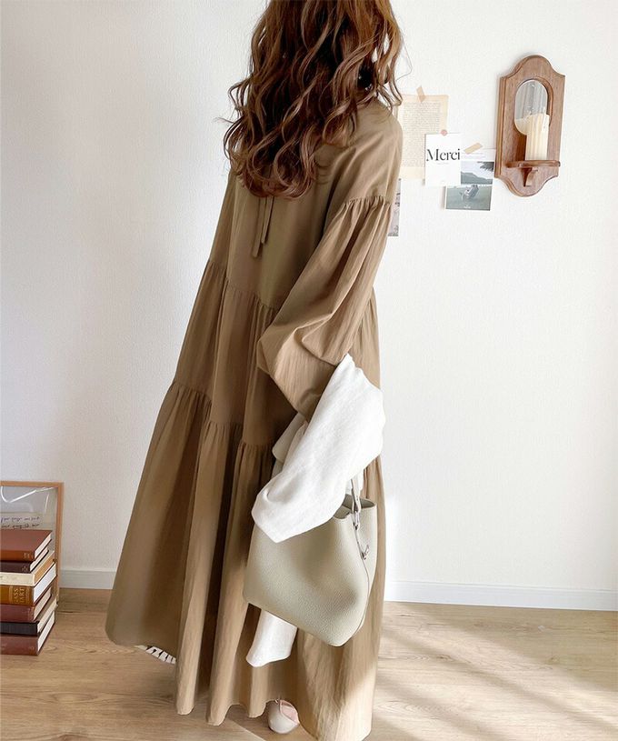 日本 Classical Elf - 百搭分層襯衫領大寬袖洋裝-摩卡