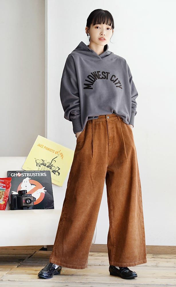 日本 zootie - 文藝感燈芯絨百搭寬褲-洋紅