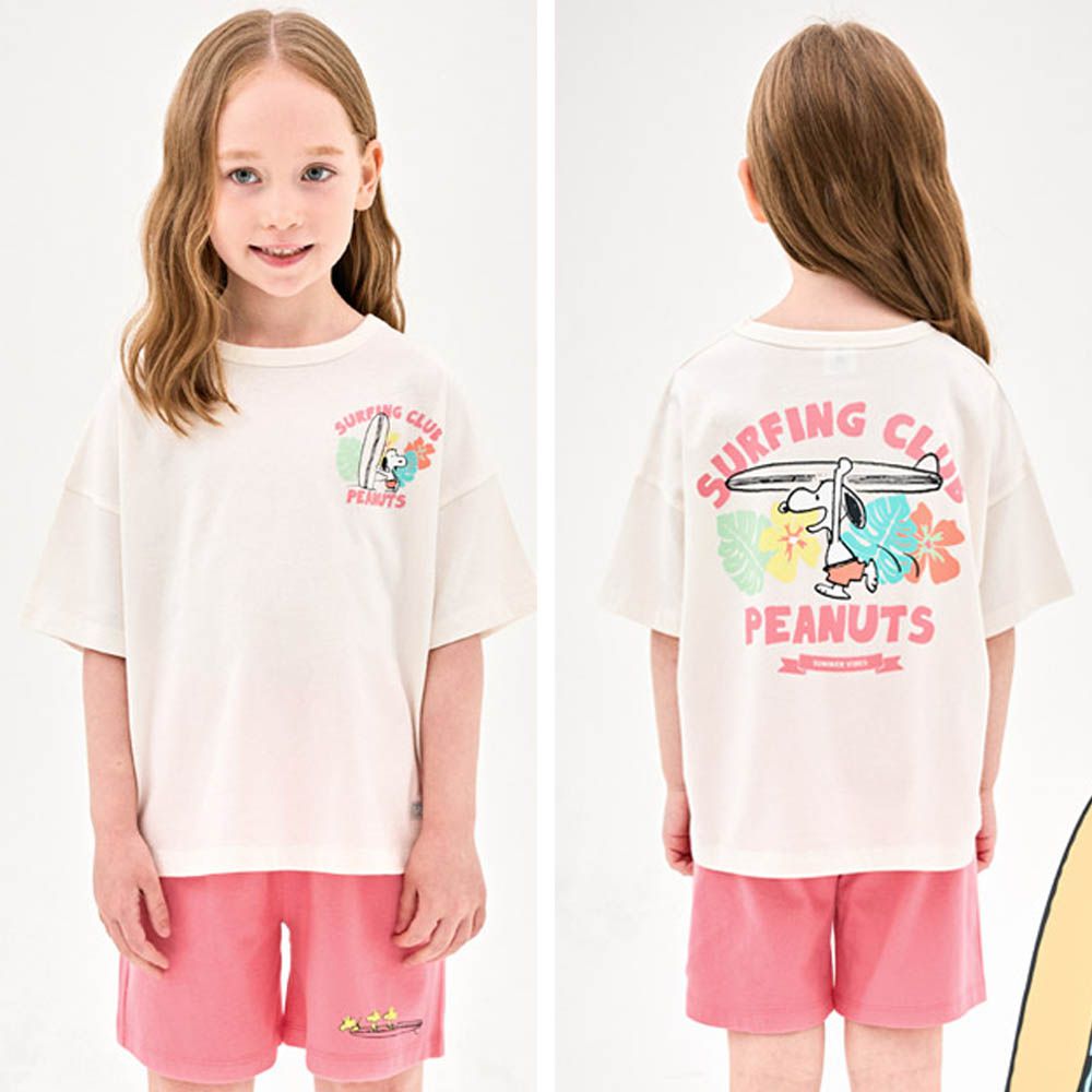(聯名款)衝浪圖案純棉短袖套裝-卡通人物史努比-米X粉