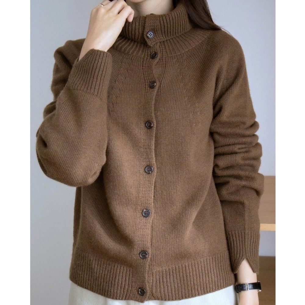 細緻喀什米爾羊毛排釦翻領針織外套-咖啡 (FREE)