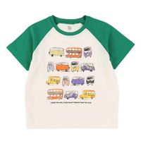 日本西松屋 - 童趣插畫車車短袖上衣-綠x白