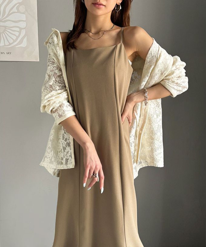 日本 Classical Elf - 亞麻感優雅魚尾細肩帶洋裝-摩卡棕