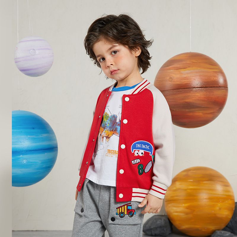 童趣拼色棒球外套-8號恐龍-藍+杏
