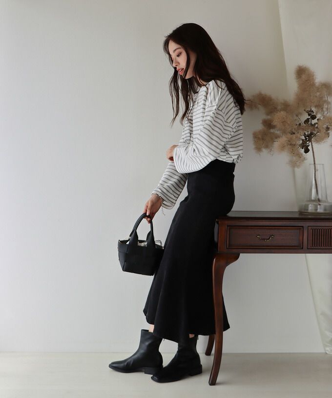 日本 BLUE EAST - 百搭落肩休閒長袖上衣-條紋-軍綠