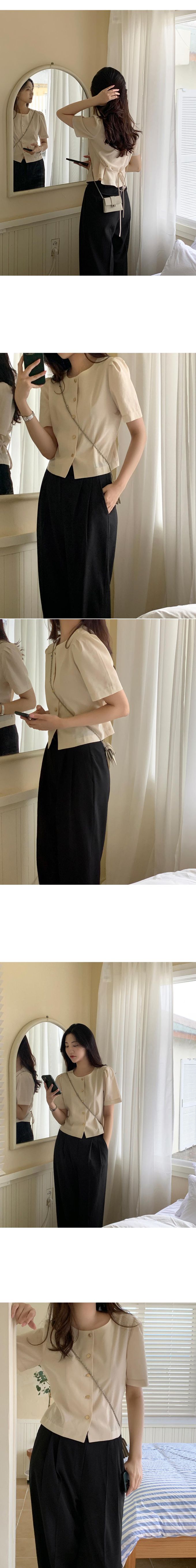 韓國 98doci - 氣質鈕扣公主抓褶袖襯衫-黑