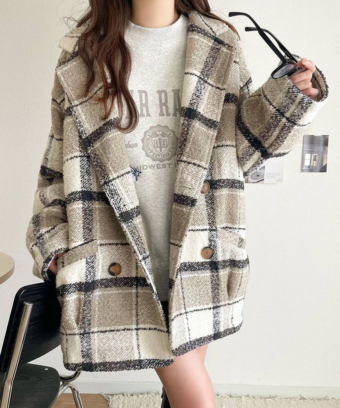 日本 Classical Elf - 亮麗格紋翻領廓形中長版大衣-焦糖棕