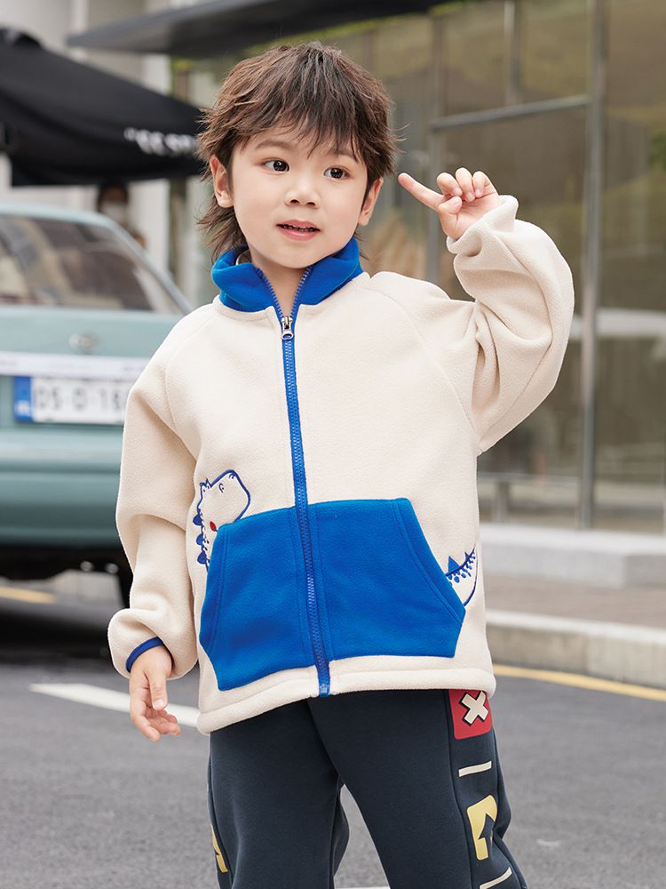 搖粒絨保暖兒童外套-恐龍-藍色