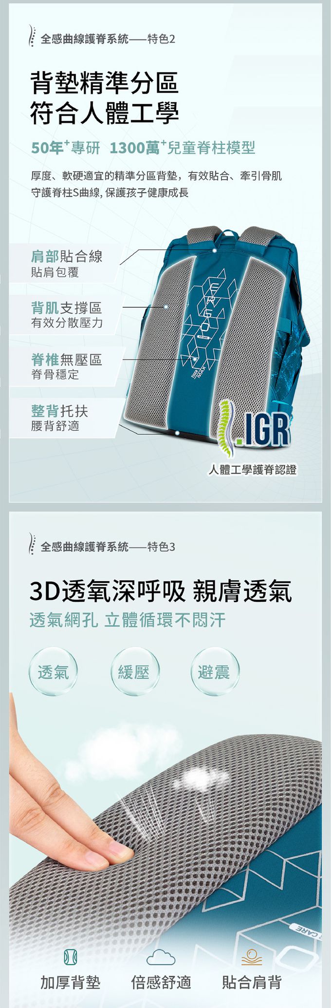 3D透氧深呼吸背墊，親膚透氣，立體循環不悶汗
