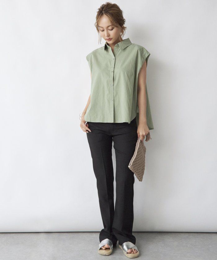 日本 Rejoule - 率性修身前短後長無袖襯衫-綠 (M(Free size))