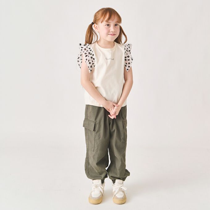 日本 evercloset - 100%棉 點點蕾絲短袖上衣-淺棕