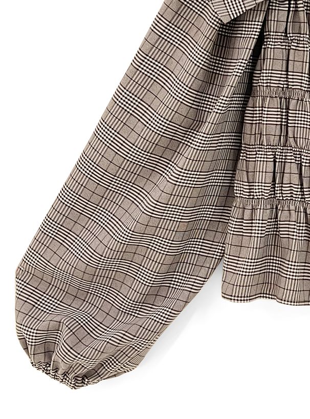 日本 GRL - 復古格紋抓皺長袖上衣-深可可