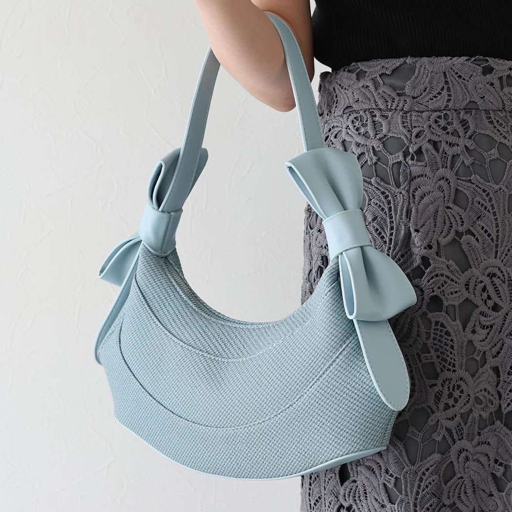 可愛雙蝴蝶結時尚紋理肩背小包-藍