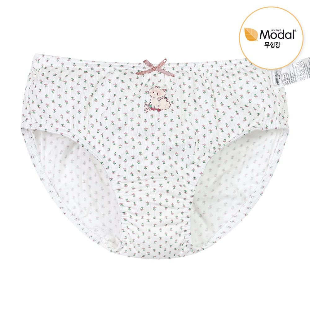 莫代爾親膚絲滑三角褲(女寶)-小花害羞貓咪-白