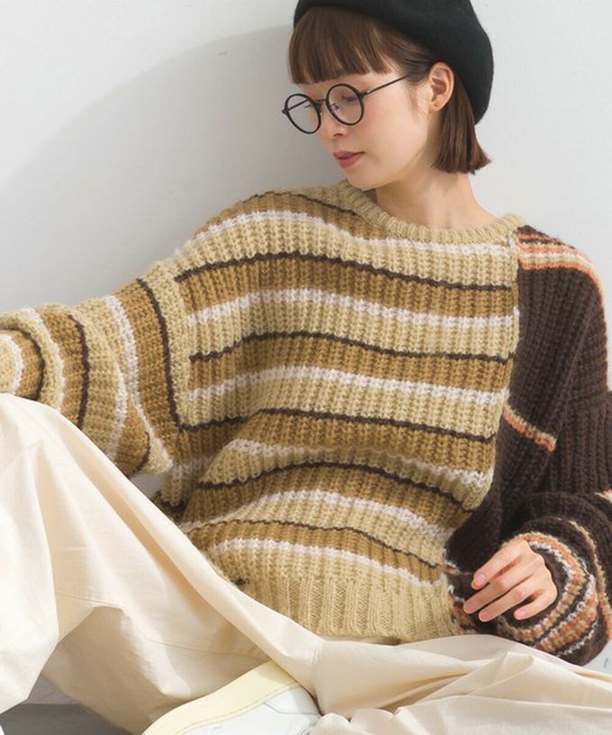 日本 Lupilien - 交錯明亮撞色條紋粗編毛衣-棕色系