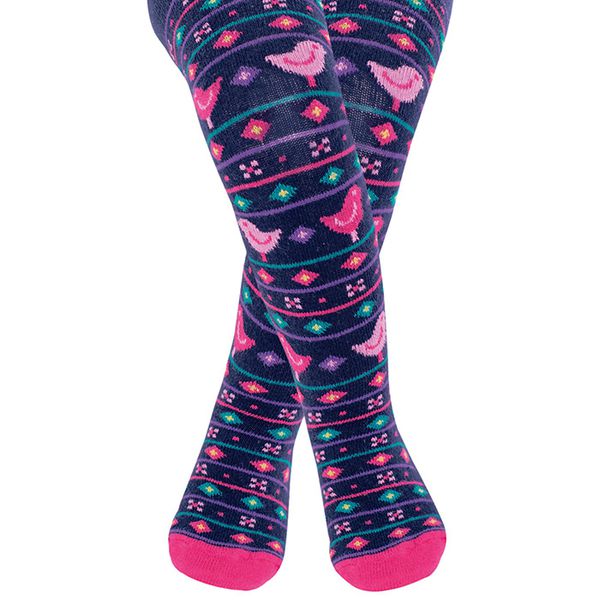 英國 JoJo Maman BeBe - 花漾嬰幼兒小童內搭褲襪/保暖襪-海軍藍繽紛小鳥 (6-12M)