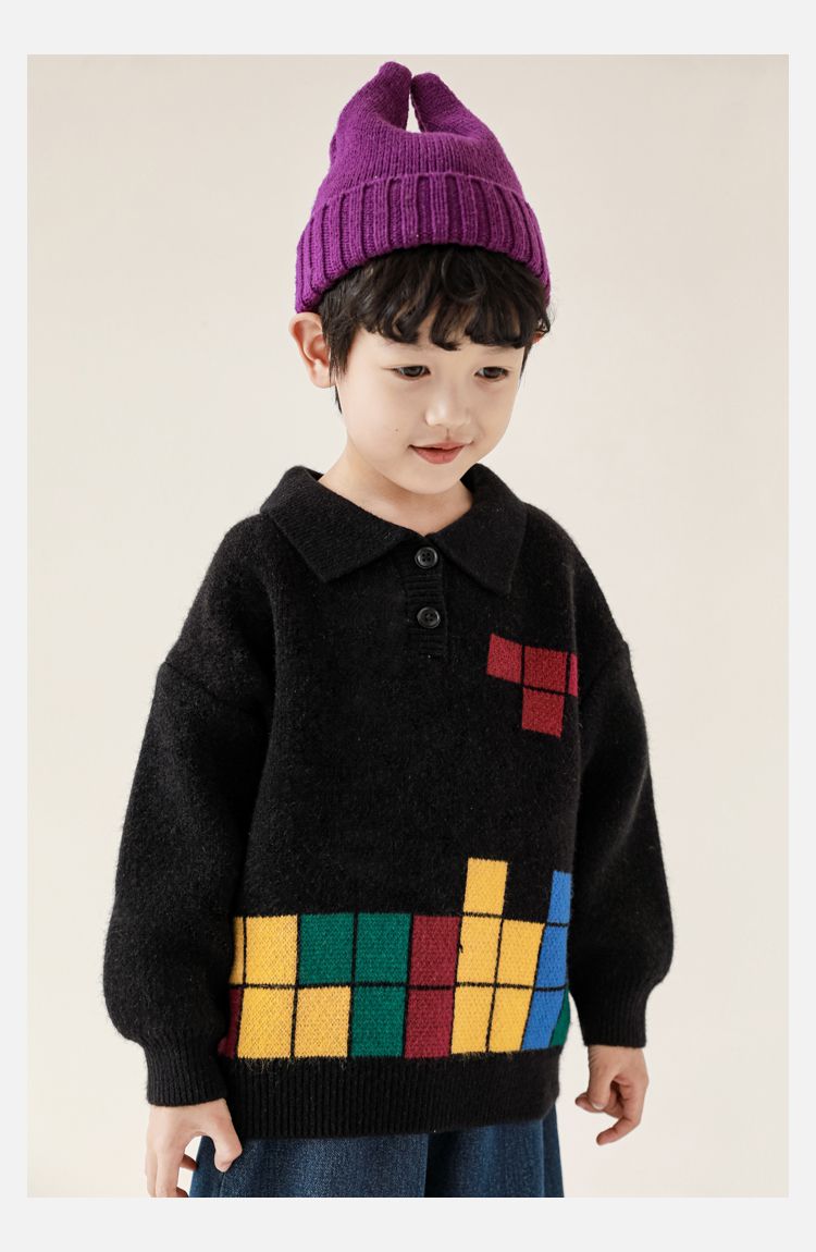 TONGMO - 復古Polo翻領針織長袖毛衣-俄羅斯方塊-黑色