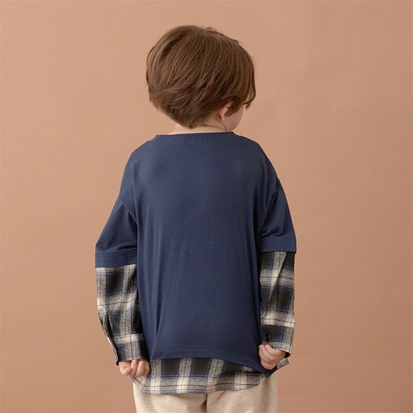 日本 b-ROOM - 假二件寬版大口袋長袖上衣-海軍藍x灰格紋