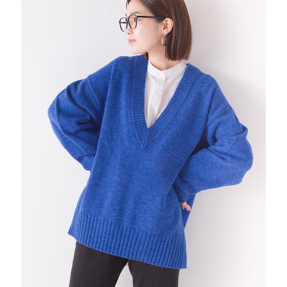日本 OMNES - 羊毛混舒膚V領針織毛衣-寶石藍-3025