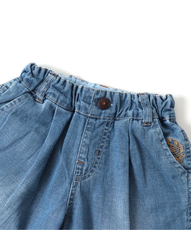 日本 BREEZE - 夏日祭典逗趣刺繡手巾牛仔短褲-幽默師匠-淺藍