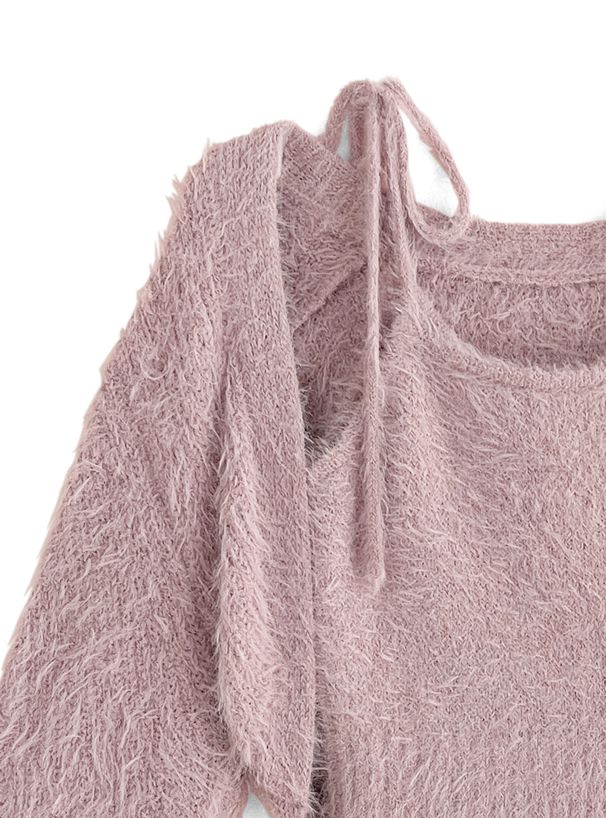 日本 GRL - 時尚毛絨綁帶背心x針織小外套兩件組-時尚黑 (F)