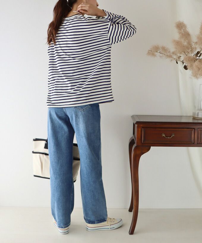 日本 BLUE EAST - 百搭落肩休閒長袖上衣-條紋-軍綠