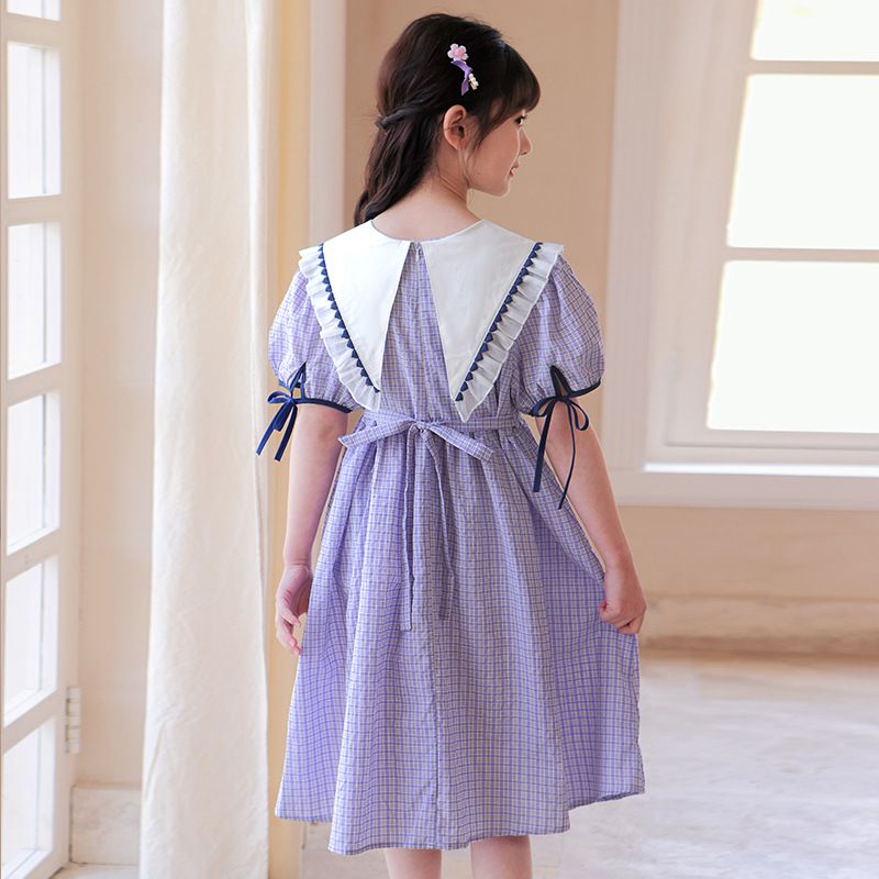 荷葉邊娃娃領泡泡袖洋裝-格紋款-淺紫色