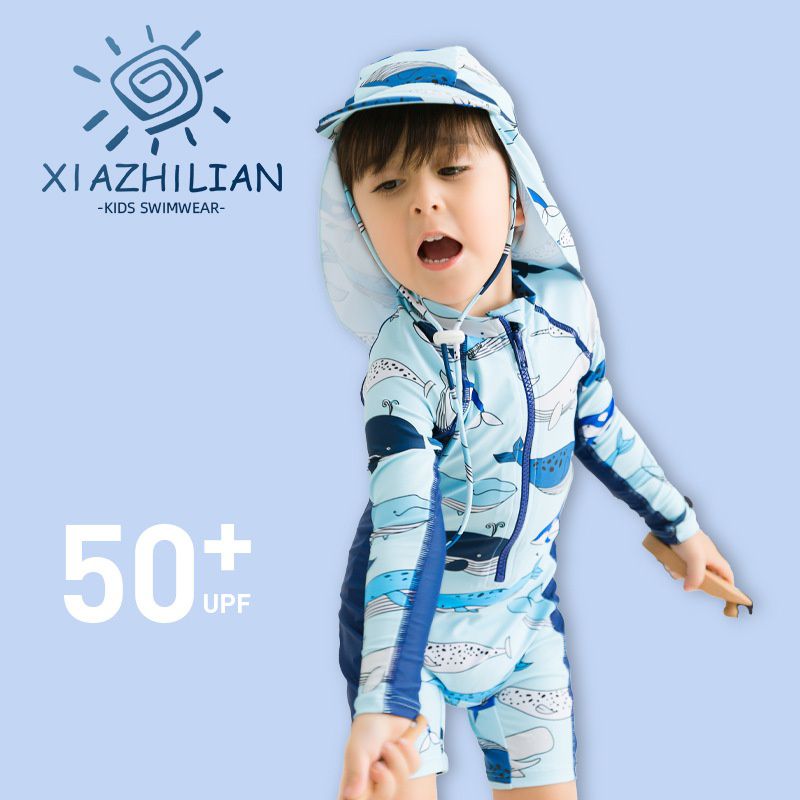 男寶長袖連身泳裝(附帽子)-鯨魚-深藍+淺藍