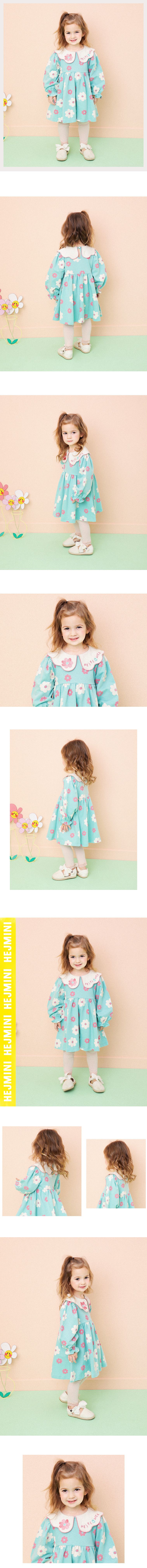 韓國 HEJMINI - 花瓣領粉白花朵泡泡袖洋裝