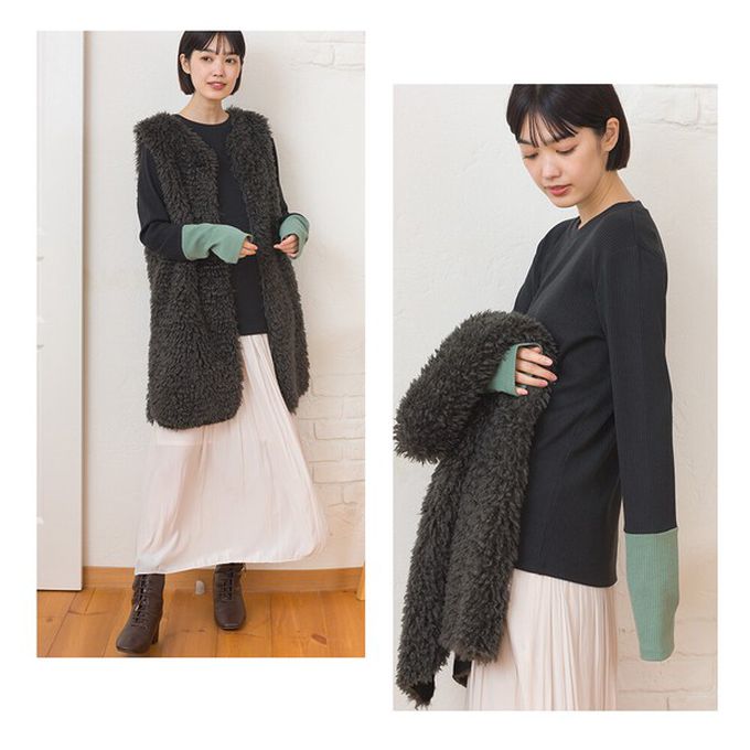 日本 OMNES - 低調簡約雙色羅紋長袖上衣-黑x綠