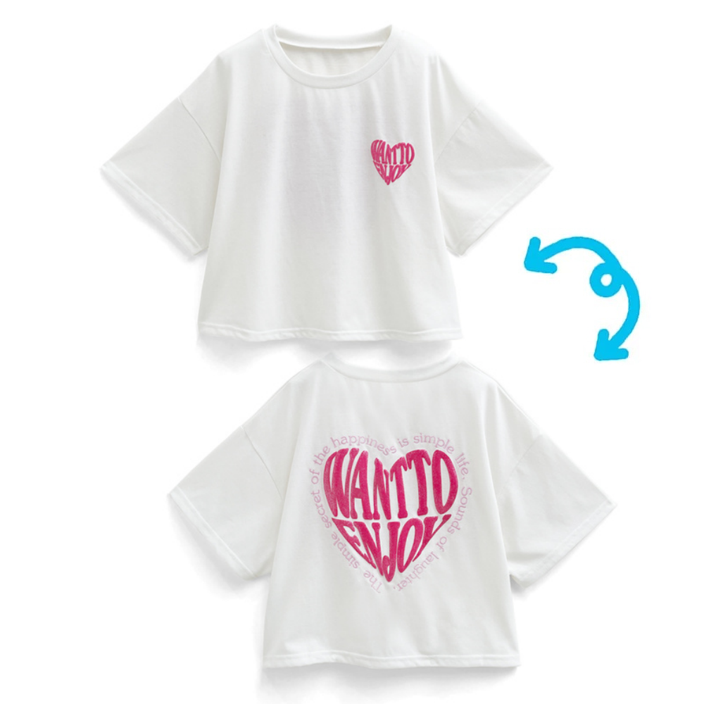 背後立體心型印花短版T恤-白 (F)