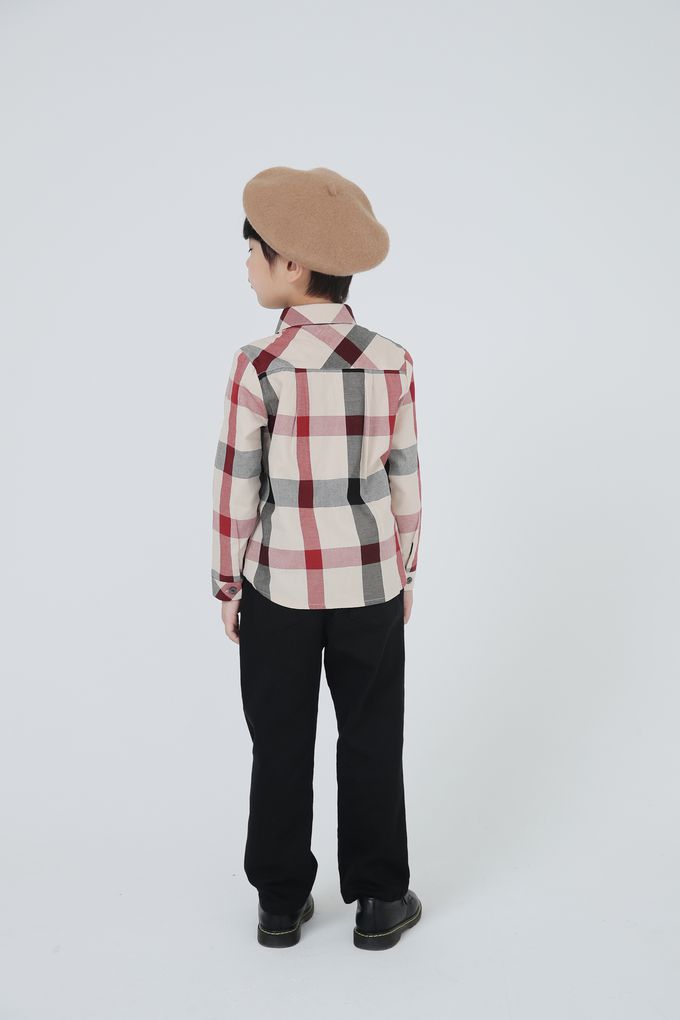 韓國 Coco Bang - 英式雙色格紋翻領長袖襯衫-淺卡其