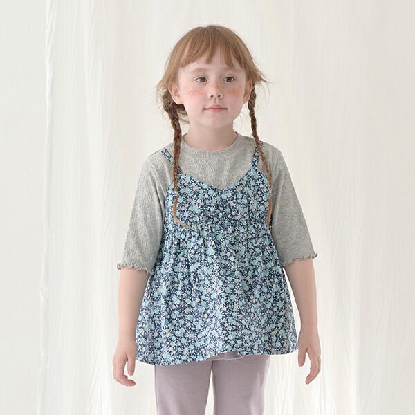 日本 Lycee mine - 假二件吊帶五分捲邊袖上衣-灰x藍花