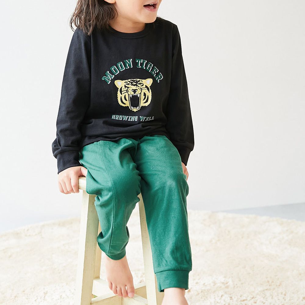 100%棉 高腰長袖家居服套裝-老虎-黑x濃綠