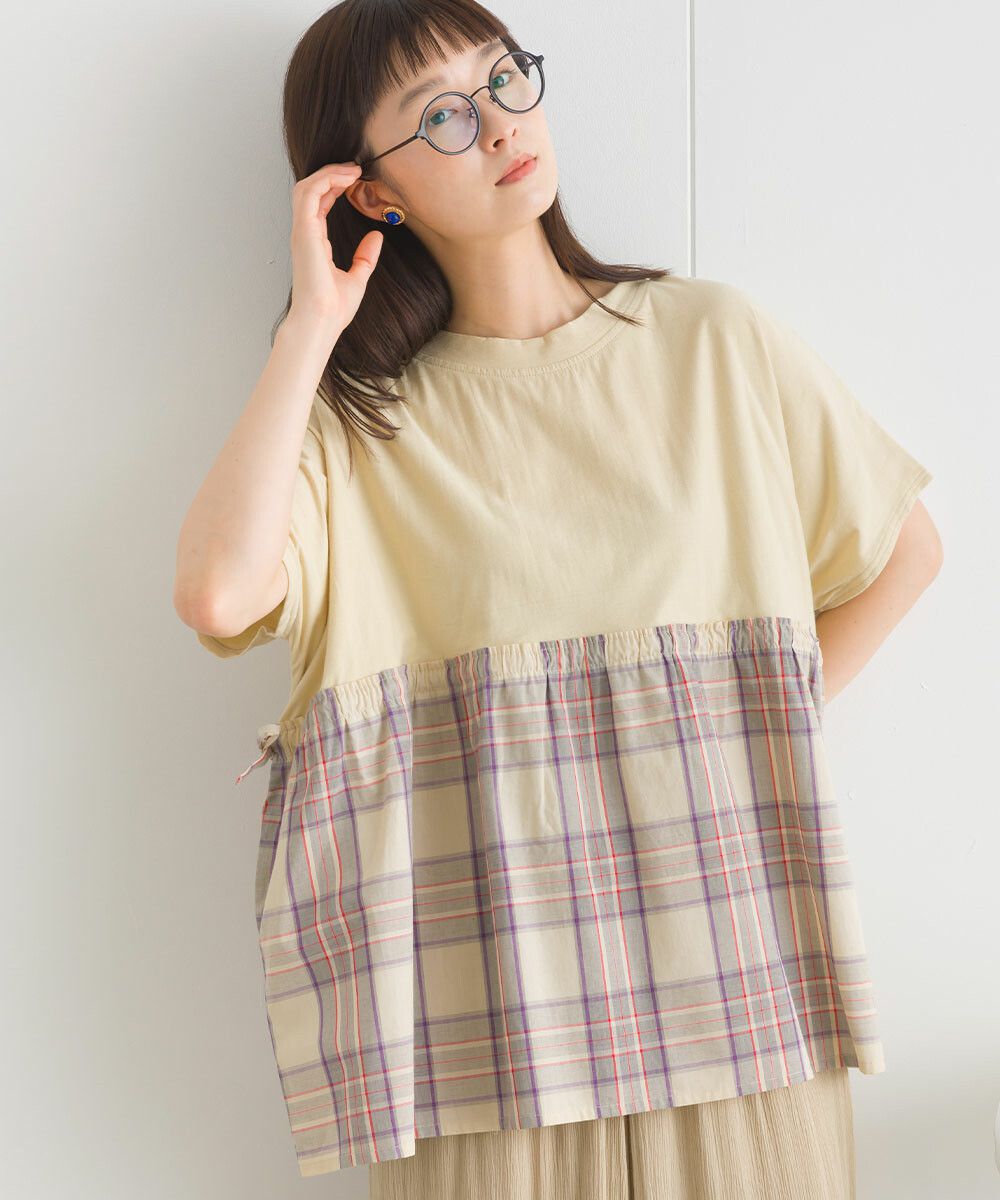 日本女裝代購 - 清新側綁帶拼接短袖上衣-卡其格紋