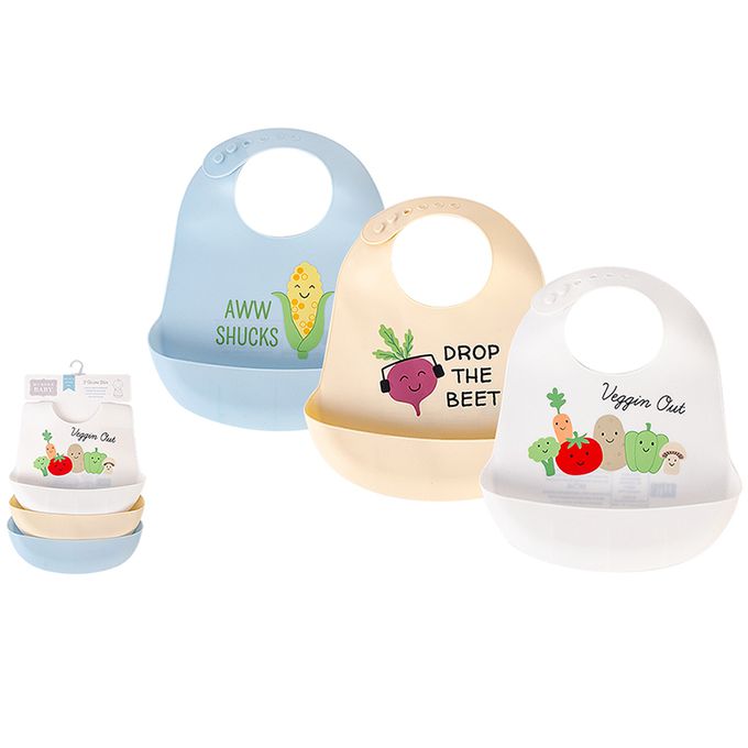 美國 Luvable Friends - 甜蜜寶貝嬰幼兒矽膠立體圍兜3入組-健康蔬食