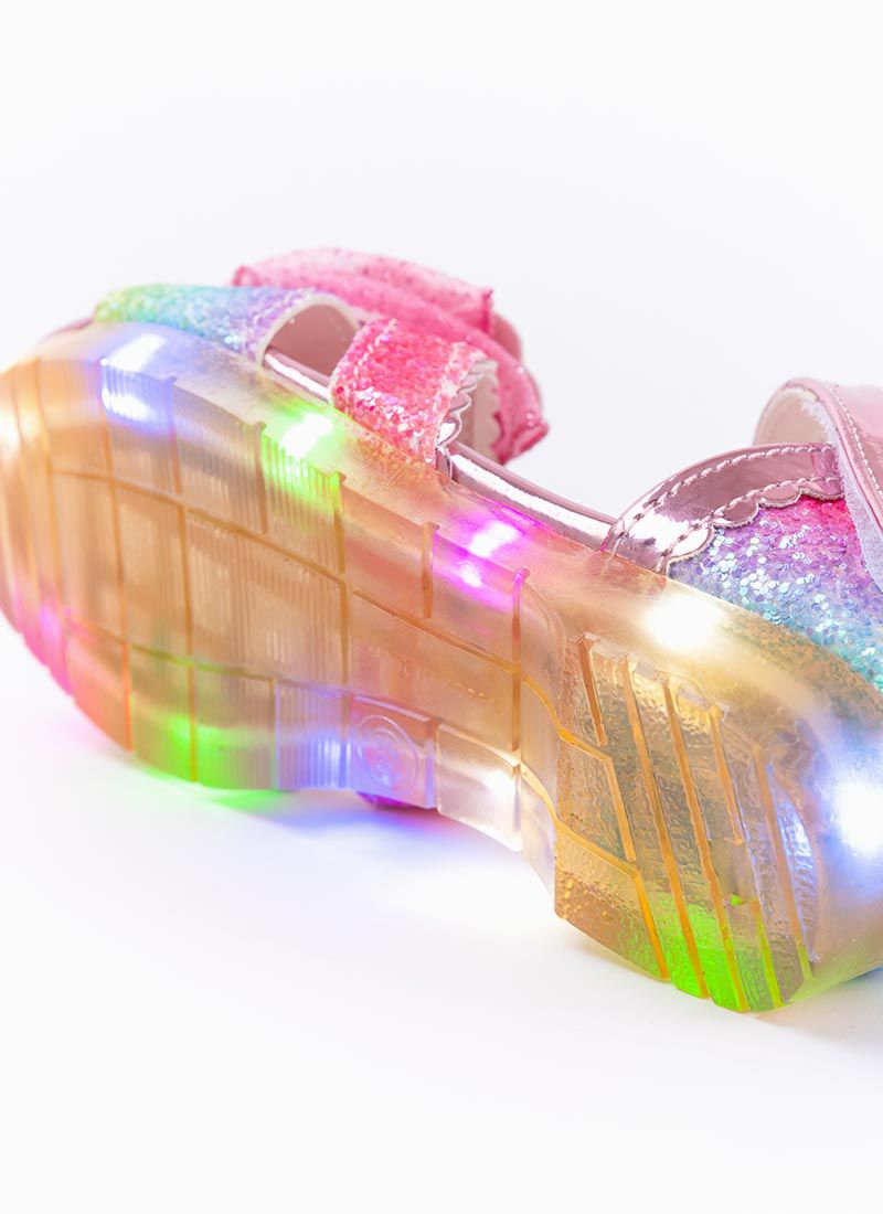 韓國 OZKIZ - (LED燈)粉紅愛心寶石魔鬼氈涼鞋