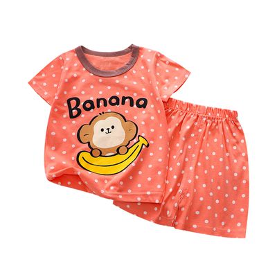 JoyNa - 兒童純棉短袖 兩件式家居服套裝 圓領套裝-橙點小猴