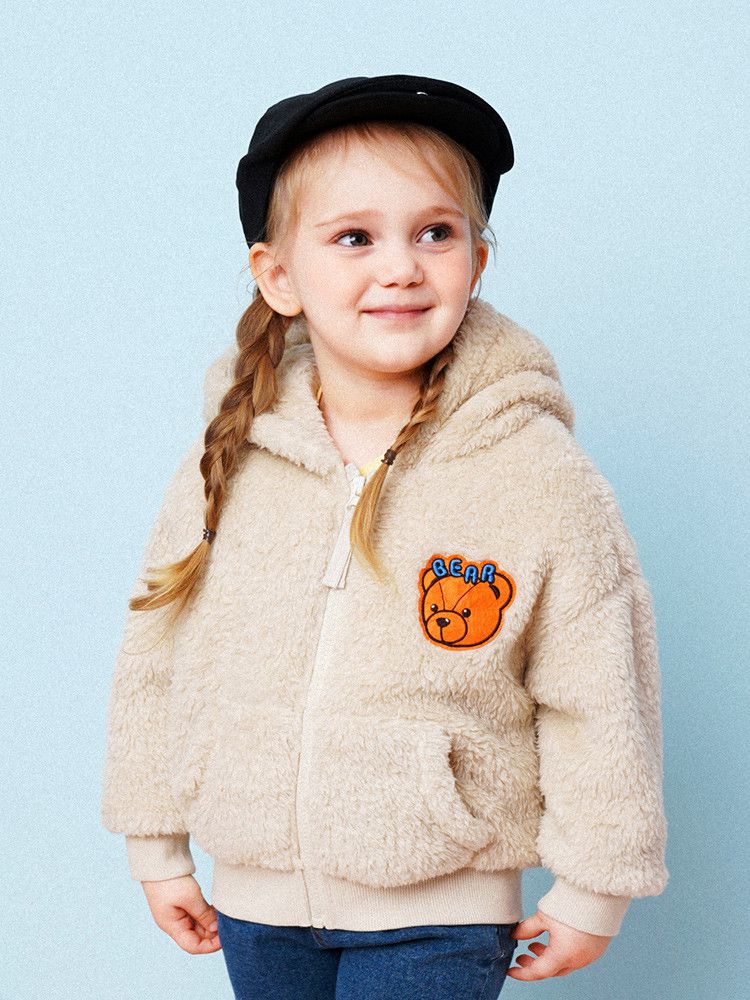 韓國 HEJMINI - 熊熊絨毛連帽夾克-卡其