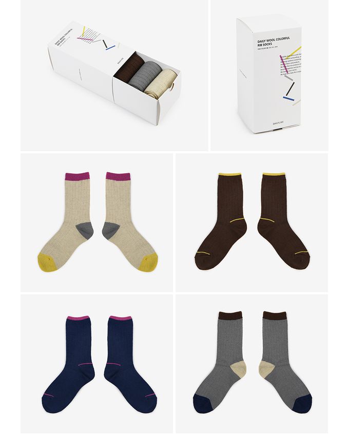 韓國 Daily Like - 女用襪子/中筒襪4入組-色塊線條 (220~250mm)