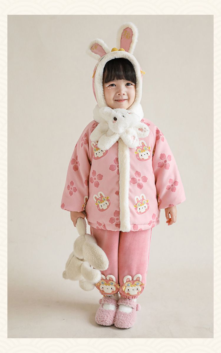 TONGMO - 加絨腰鬆緊休閒拜年長褲-兔子-米色