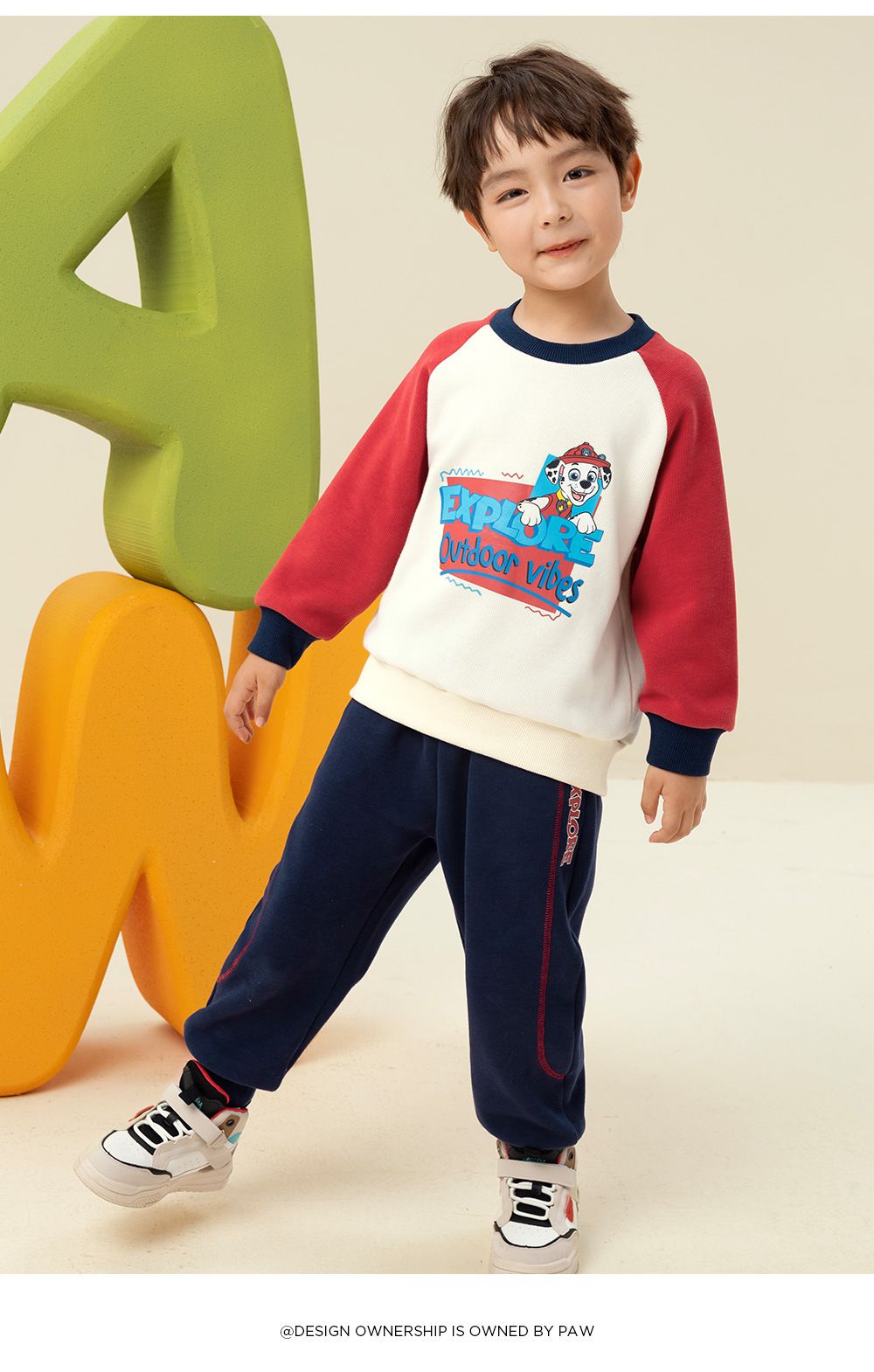 卡通汪汪隊圓領拼色長袖套裝-卡通人物阿奇-黃+深藍