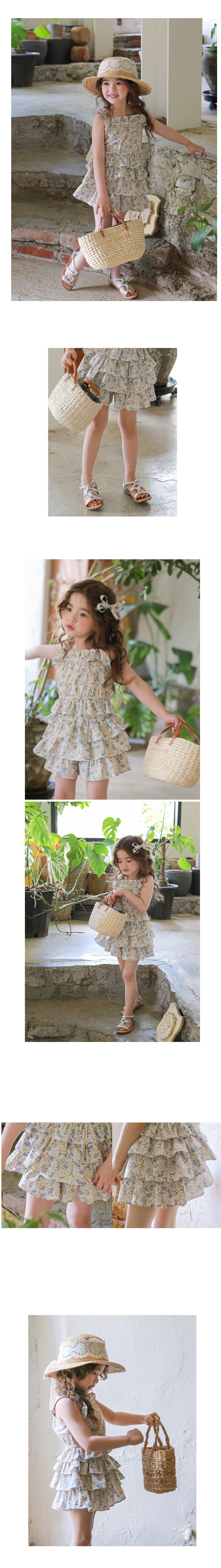 韓國 Puellaflo - 碎花三層蛋糕褲裙-黃花(杏底)