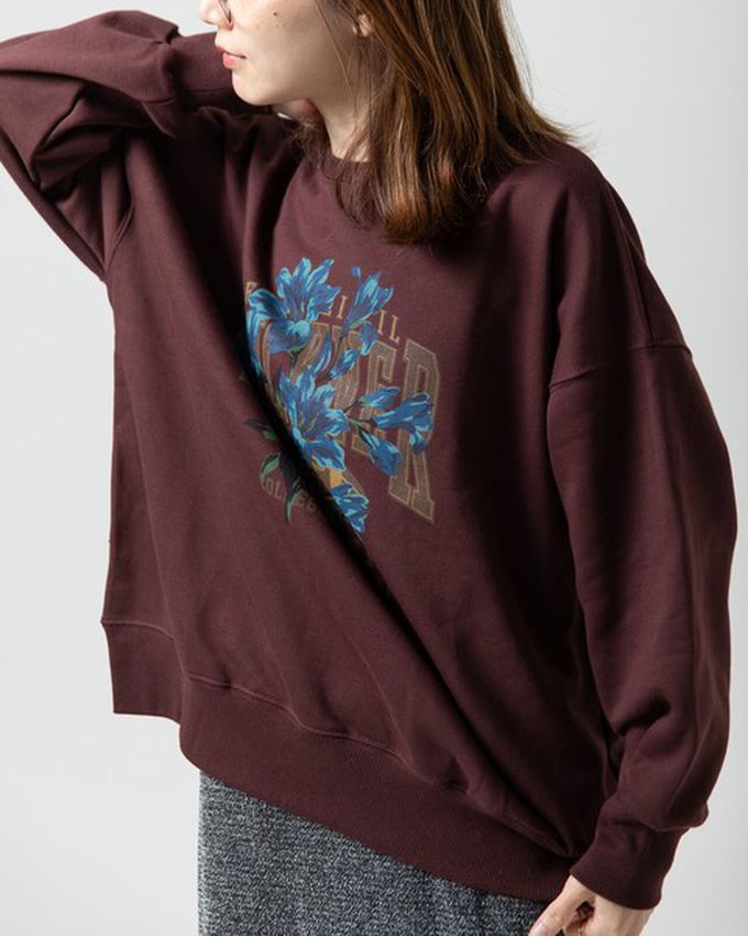 日本 gleam - 裏毛寬版學院風花卉大學T-灰