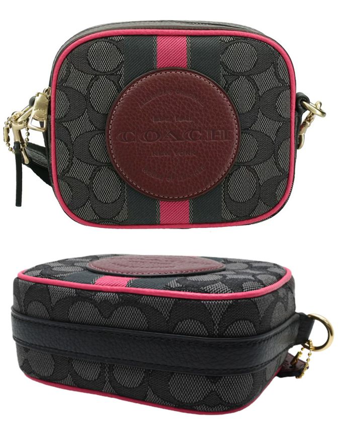 COACH - 撞色織布斜背相機包 (黑灰紅條)