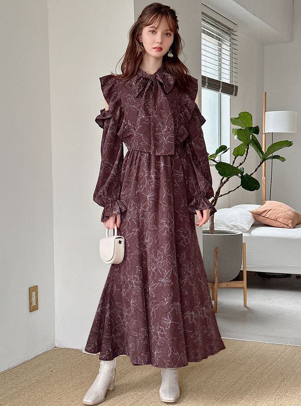 日本 GRL - 優美公主蝴蝶結糖果袖洋裝-深可可