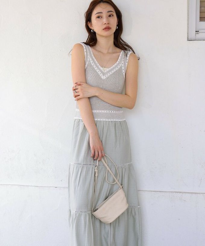 日本 Bab - 純棉針織拼接渡假風無袖洋裝-淺灰綠