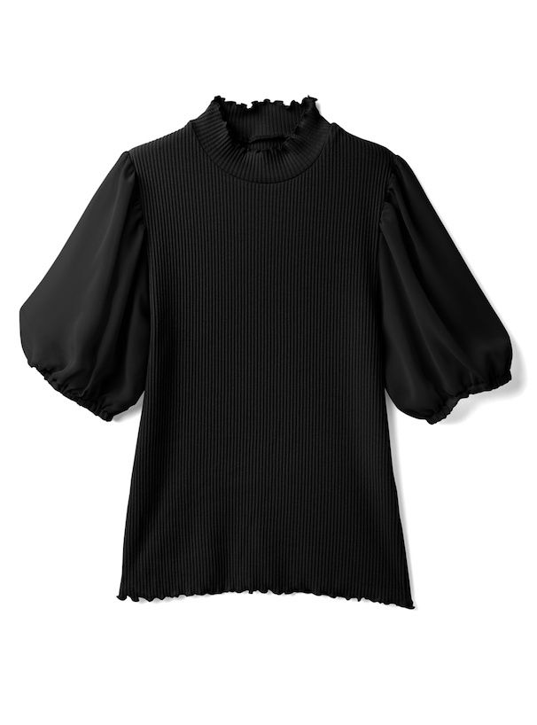 日本 GRL - 異材質拼接薄紗短袖上衣-灰杏